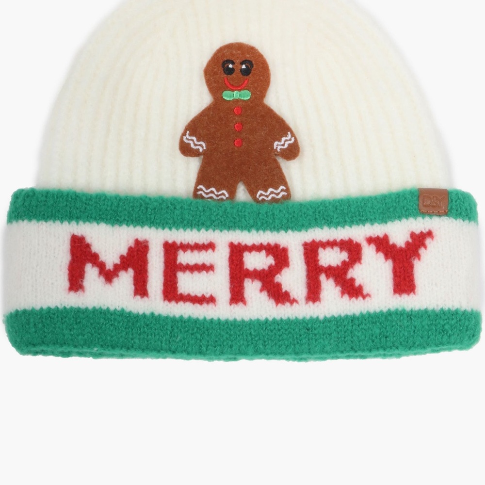David and Young Festive White Beanie with Gingerbread and Red 'Merry'